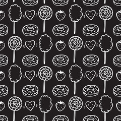 Sweet Food Vector Background. Hand Drawn Doodle Donut, Strawberry, Cotton Candy, Lollipop and Hearts Seamless pattern