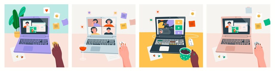 Set of three cards. Workplace, working desk. Point of view on Laptop screen. Virtual chat, online video-sharing platform, maps, various apps. Web Entertainment concept. Hand drawn Vector illustrations