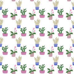 Hand drawn potted plants seamless pattern. Cactuses and succulents flat doodle illustration. Surface design template.