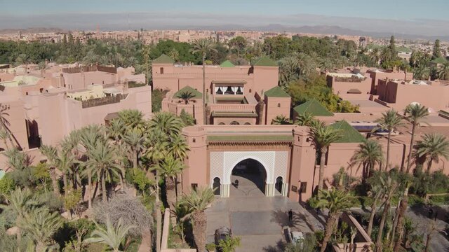 Drone/Aereal shot of Royal Mansour Hotel, luxury hotel in Marrakesh, Morocco.
