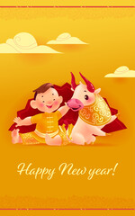 Chinese new year congratulation card, invitation, calendar design with oriental animal bull mascot and boy character in hanfu suit sit at big hand fan on yellow clouded background. Vector illustration