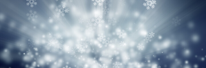 wide white and gray Christmas light with snowflake bokeh background, Winter backdrop wallpaper.