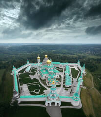 Istra New Jerusalem Monastery in Moscow Region, Russia. Aerial drone view of orthodox cathedral fortress