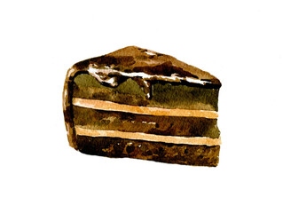 Chocolate brown cake. Hand drawn watercolor illustration isolated on white background.