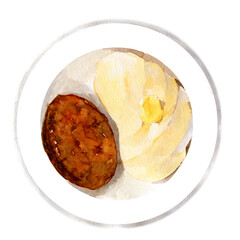 Cutlets, mashed potatoes. Russian home cooking. Hand drawn watercolor illustration isolated on white background