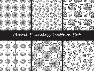 Floral Seamless Pattern Vector Set. Flowers, Leaves and Sprigs Background. Black and White