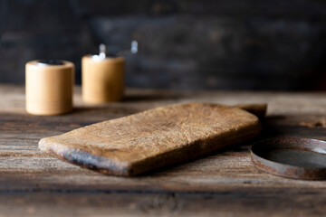 Wooden surface background with empty cutting board , free space for decoration. Copy space