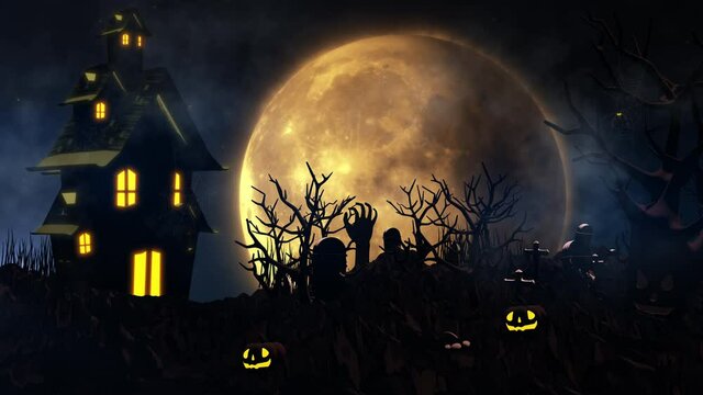 Halloween background with haunted house, ghost, bats and pumpkins, graves, at misty night spooky with fantastic big moon in sky. 3D animation rendered in 4K