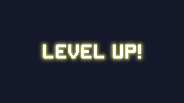 A text message appearing with a decoding fx and a deep glow: level up.
