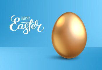 Realistic golden egg on blue background. Easter greeting card or invitation template