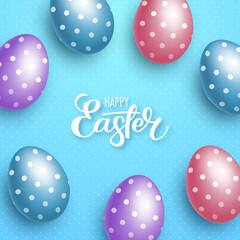 Realistic polka dot eggs on light blue background. Easter greeting card or invitation template