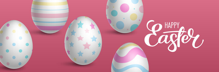 Realistic decorated eggs on pink background. Easter greeting card or invitation template