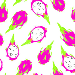 Seamless pattern with pitaya, dragon fruit on a white background. Vector illustration.