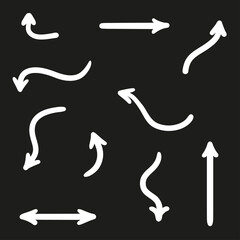 White infographic elements on isolated black background. Hand drawn wavy arrows. Black and white illustration