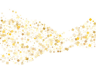Glowing gold square confetti sparkles flying on white. Rich holiday vector sequins background. Gold foil confetti party pieces isolated. Many pieces surprise backdrop.