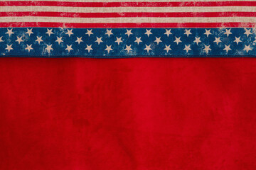 Retro USA stars and stripes burlap ribbon on red fabric background
