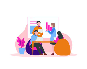 People in the office discussing and working. Discussion about company's business. Vector Illustration in flat style