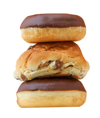 Donuts and a bun in a studio setting, isolated on white