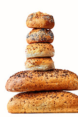 Various types of bread in a studio setting isolated on white