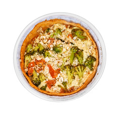 Various types of quiches in a studio setting, isolated on white