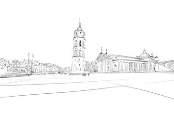 Cathedral of St. Stanislav. Vilnius, Lithuania. Hand drawn vector illustration.