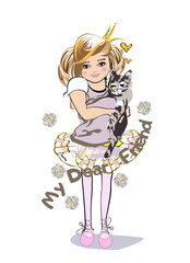 Sketch of a cute little girl smiling with her friend cat decorated with flowers. Hand drawn vector illustration, t shirt design.