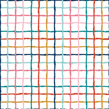 Colorful Tattersall or Windowpane Plaid Background. Seamless Vector Textile Pattern. Hand Drawn Doodle Multicolored Check Repeating Pattern Tile