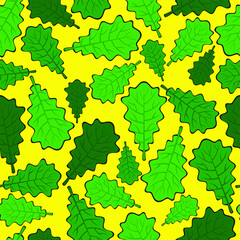 Seamless vector pattern of green oak leaves on a yellow background. - 364990935