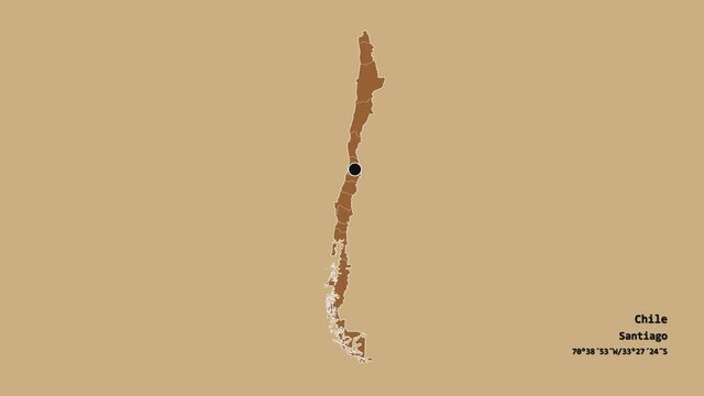 Maule, region of Chile, with its capital, localized, outlined and zoomed with informative overlays on a solid patterned map in the Stereographic projection. Animation 3D