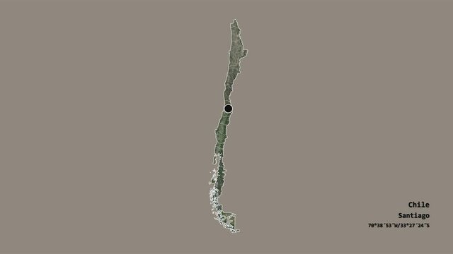 Maule, region of Chile, with its capital, localized, outlined and zoomed with informative overlays on a satellite map in the Stereographic projection. Animation 3D