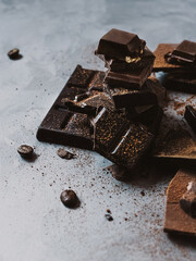Broken dark chocolate Photo with copy space