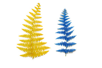 two fern leaves in blue and yellow on a white background