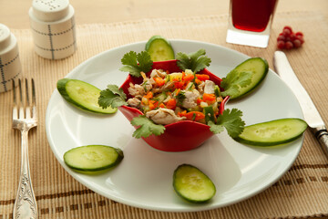 Low calories salad with vegetables and lemon juice, with olive oil.