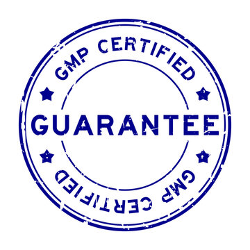 Grunge blue GMP (Good manufacturing practice) certified guarantee word round rubber seal stamp on white background