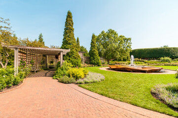 The roses garden with Rose Petal Fountain in the Chicago Botanic Garden, Glencoe, Illinois, USA