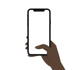 Black woman hand hold phone vertical first person view blank template clip art flat design vector EPS 10