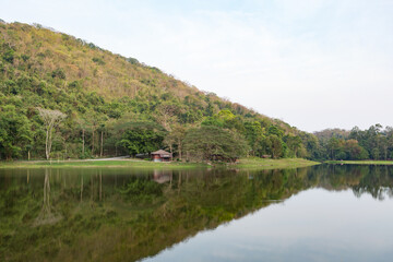 Fototapeta na wymiar Khao Ruak Reservoir at Namtok Samlan National Park in Saraburi Thailand is a reservoir that tourists come to relax or camping during the holiday