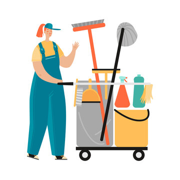 Cleaning service. Vector image of a girl with a cleaning trolley with detergents and accessories