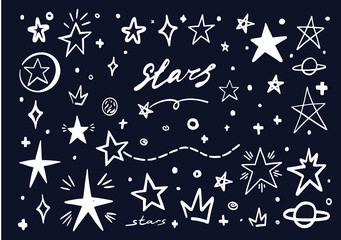 White star doodle on blue black sky. Abstract hand drawn scribble stars shape elements. Cartoon line marker sketch for text emphasis on chalck board background. Pen graphic highlight graffiti sketch
