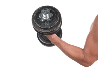 Man`s hand with dumbbell on white background