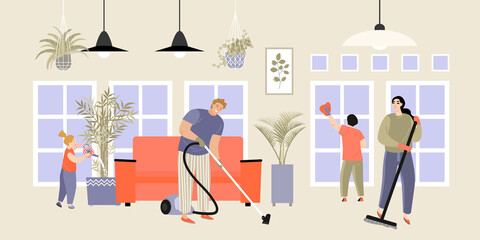 Vector image of a happy family doing house cleaning. Parents and children vacuum, wash the floor, windows and water the flowers.