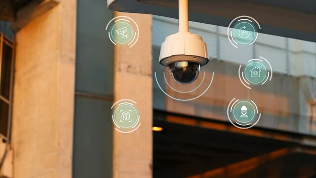 CCTV with security icon floating around. CCTV for the safety of life and property.