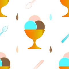 Ice cream in a bowl, a small spoon and colored drops. Simple vector seamless pattern.