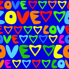 Seamless vector pattern of the word LOVE on a blue background.  - 364995730