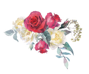 Watercolor floral illustration with bouquets of rose, peonies and herbs.