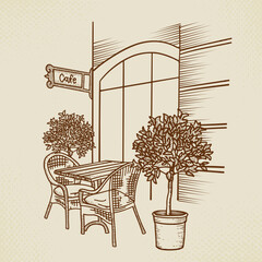 Street cafe in old town graphic illustration. Hand drawn outdoor cafe - table, two chairs and plant. Sketch for Menu design, sketch restaurant, exterior architecture, Paper vintage vector illustration