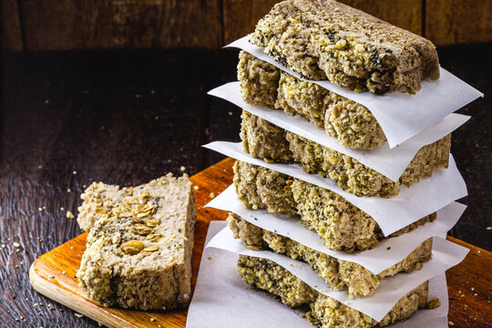 slices of healthy homemade cake, vegan cake without animal products or glutem on wooden background