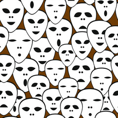 Vector seamless pattern of theatrical masks on a brown background.  - 364997370