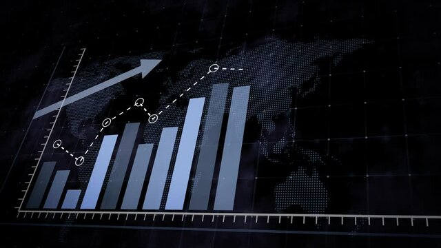 Animation of rising blue bar graph following the arrow on a background of a dotted world map. 3d render.