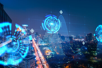 Abstract technology icons, night aerial panoramic cityscape of Bangkok, Asia. The concept of innovative approach to optimize international business process. Double exposure.